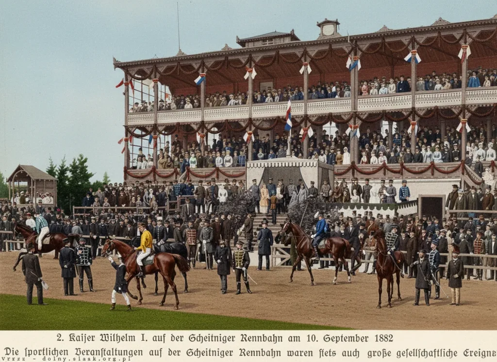 Historyczna kolorowana fotografia przedstawiająca Cesarza Wilhelma I na torze wyścigów konnych w Dąbiu we Wrocławiu w 1882 roku, z widocznymi trybunami i jeźdźcami.