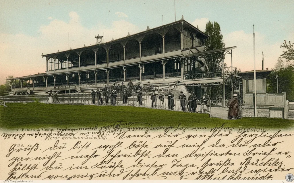 Kolorowana pocztówka z 1898 roku przedstawiająca zabytkową trybunę hipodromu we Wrocławiu na Dąbiu z widocznymi ludźmi i odręcznym pismem.
