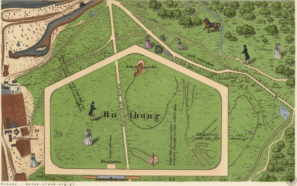 Kolorowana rycina przedstawiająca historyczny plan dawnego hipodromu na wrocławskim Dąbiu z 1832 roku z widocznymi spacerowiczami w strojach z epoki i jeźdźcami konnymi.