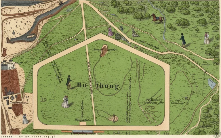 Kolorowana rycina przedstawiająca historyczny plan dawnego hipodromu na wrocławskim Dąbiu z 1832 roku z widocznymi spacerowiczami w strojach z epoki i jeźdźcami konnymi.