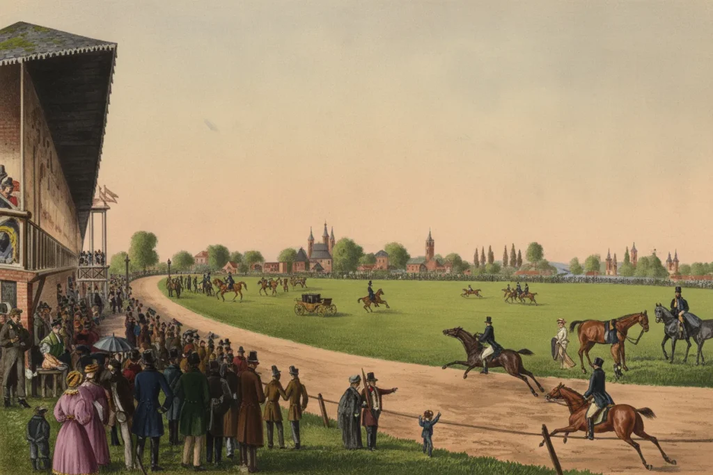Koloryzowana rycina z 1834 roku przedstawiająca wyścigi konne na Hipodromie w Dąbiu we Wrocławiu z tłumem widzów i panoramą miasta w tle.