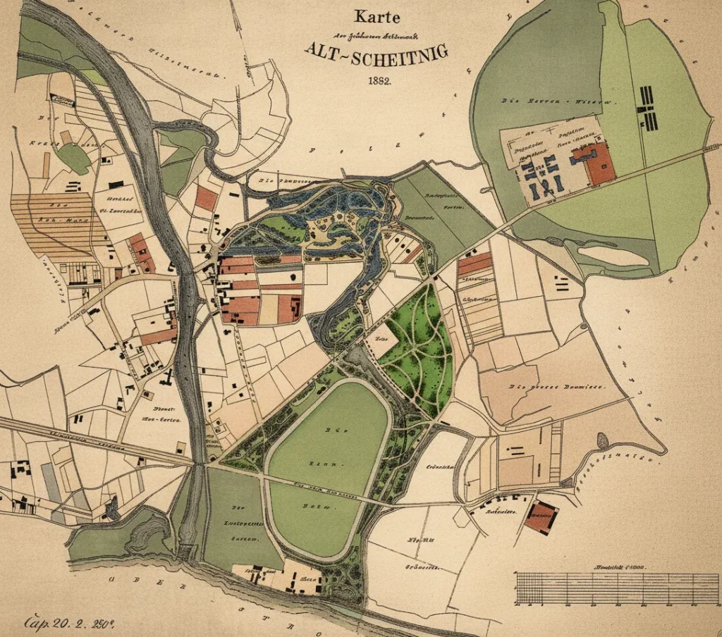Historyczna koloryzowana mapa osiedli Szczytniki i Dąbie we Wrocławiu z 1882 roku, przedstawiająca tereny dzisiejszego Parku Szczytnickiego i Hipodromu.