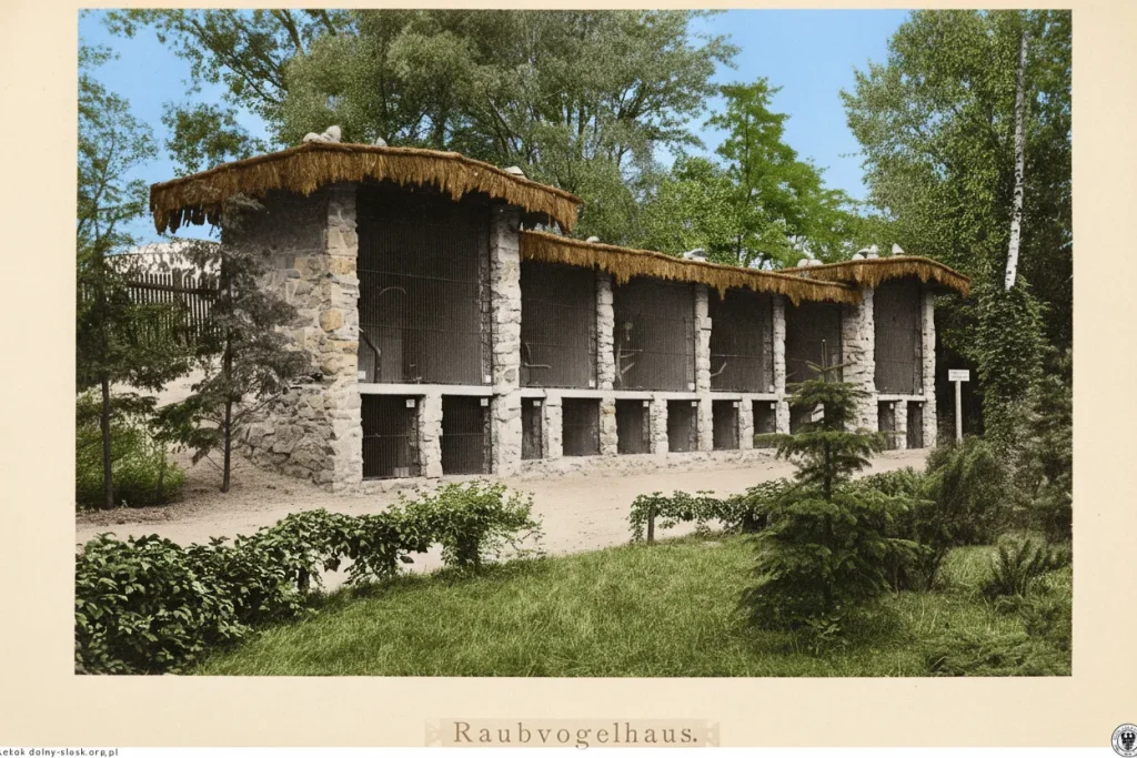 Kolorowana historyczna fotografia przedstawiająca dawny pawilon ptaków drapieżnych Raubvogelhaus w ZOO we Wrocławiu.