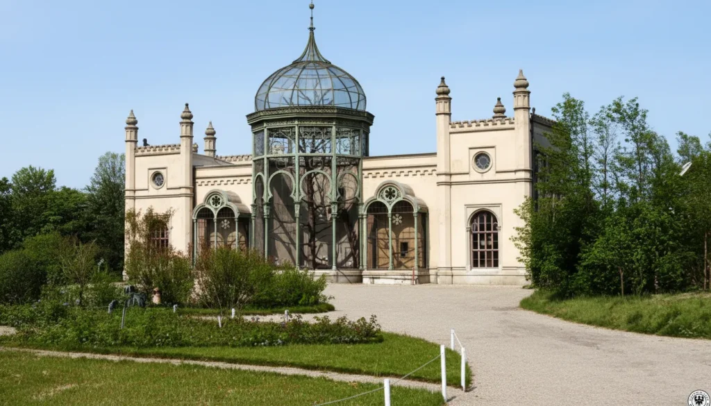 Zabytkowy budynek małpiarni w ogrodzie zoologicznym we Wrocławiu z ozdobną szklaną kopułą i wieżyczkami, przedstawiający wygląd z 1887 roku.
