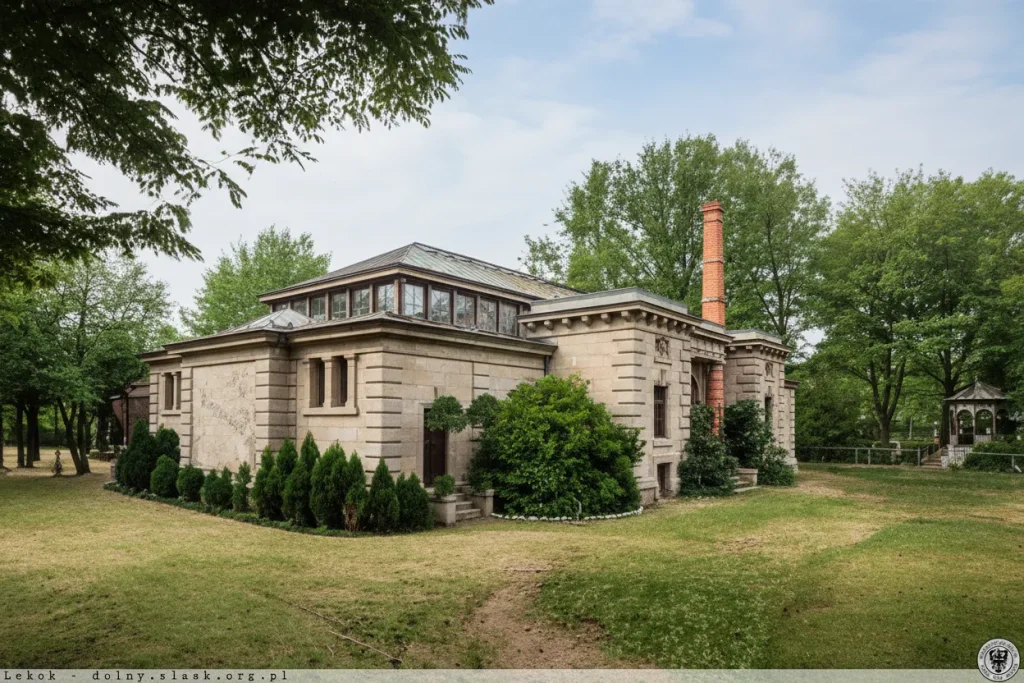 Zabytkowy kamienny budynek Ptaszarni we wrocławskim ogrodzie zoologicznym w otoczeniu zieleni
