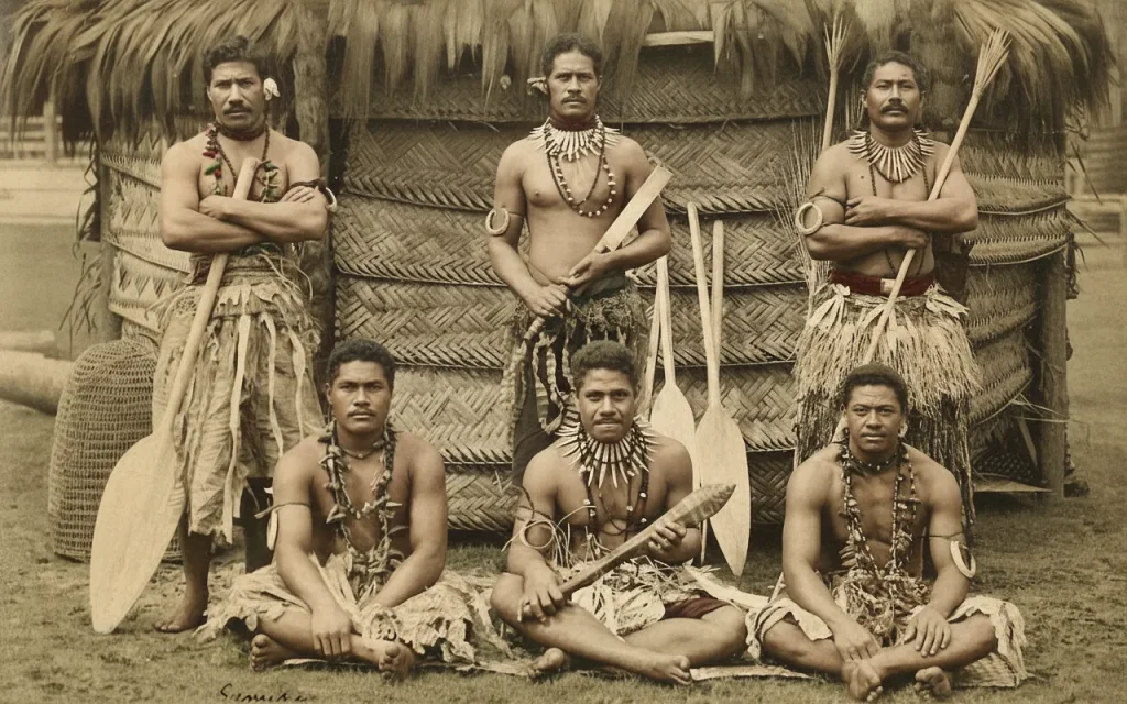 Sześciu samoańskich mężczyzn w tradycyjnych strojach plemiennych z naszyjnikami z zębów i drewnianymi wiosłami przed chatą krytą strzechą.