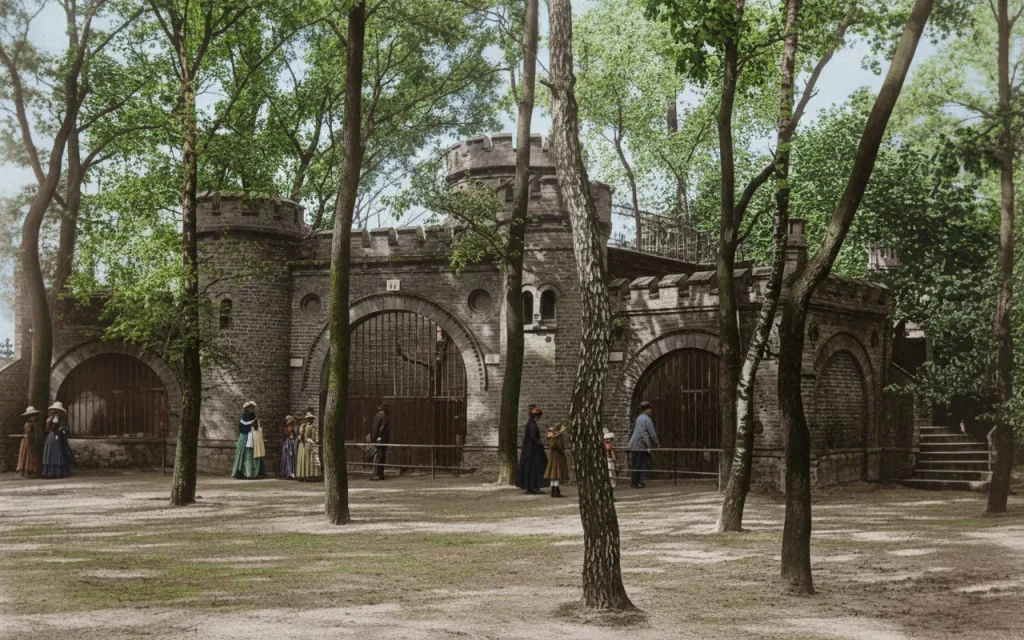 Historyczna Twierdza Niedźwiedzi we wrocławskim zoo, kolorowane zdjęcie przedstawiające kamienną strukturę w stylu zamkowym w otoczeniu drzew.