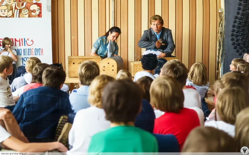 Hanna i Antoni Gucwińscy, twórcy programu Z kamerą wśród zwierząt, prowadzą spotkanie edukacyjne ze zwierzętami dla grupy dzieci.