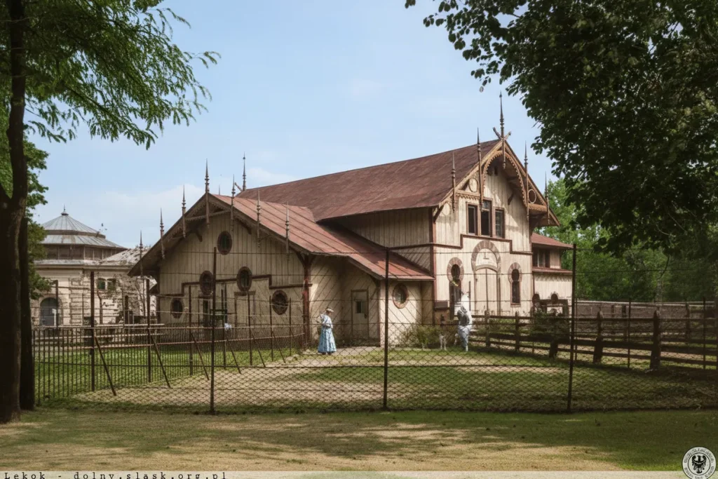 Zabytkowy drewniany budynek dawnej żyrafiarni w Ogrodzie Zoologicznym we Wrocławiu, przedstawiony na tle zieleni i ogrodzenia.