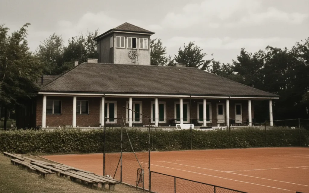 Kolorowane historyczne zdjęcie przedstawiające budynek z wieżą zegarową przy kortach tenisowych we Wrocławiu w 1948 roku.