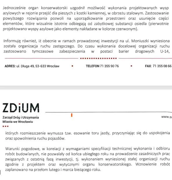 Fragmenty oficjalnego pisma Zarządu Dróg i Utrzymania Miasta we Wrocławiu dotyczącego prac budowlanych i organizacji ruchu na ulicy Moniuszki.