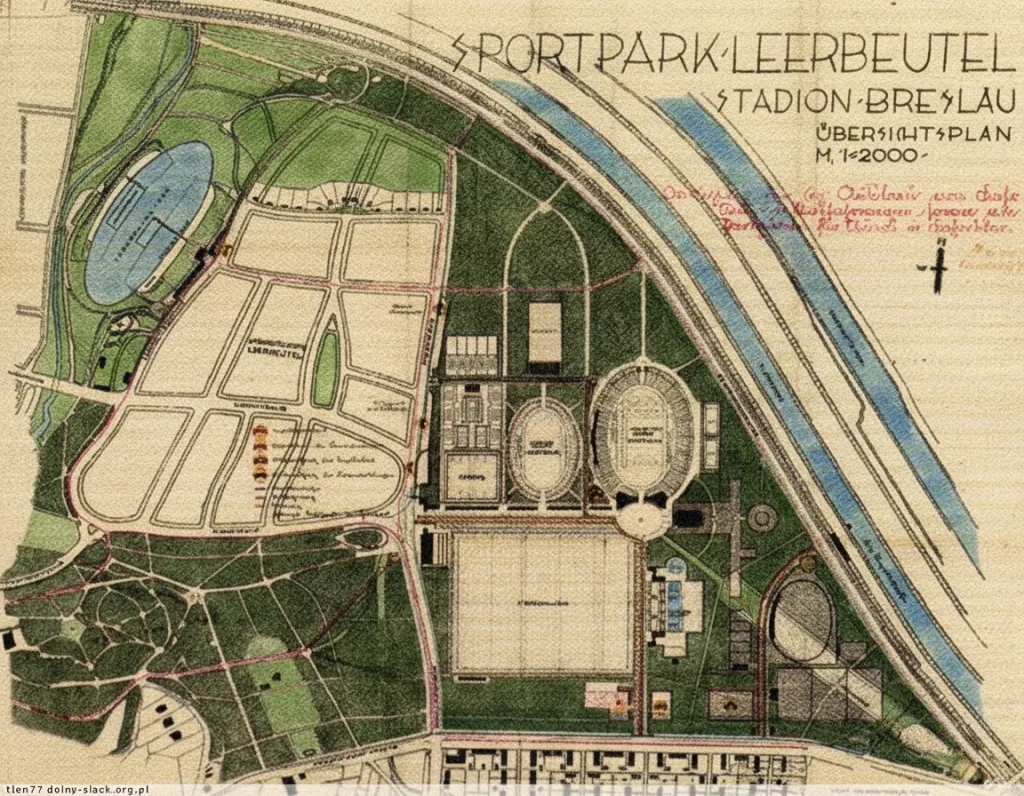 Koloryzowany historyczny plan sytuacyjny kompleksu Sportpark Leerbeutel, znanego obecnie jako Stadion Olimpijski we Wrocławiu, datowany na 1927 rok.