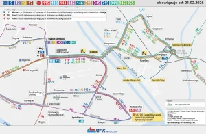 Szczegółowa mapa połączeń autobusowych i tramwajowych MPK Wrocław w rejonie osiedli Sępolno, Bartoszowice oraz Swojczyce, obowiązująca od 21 lutego 2026 roku.