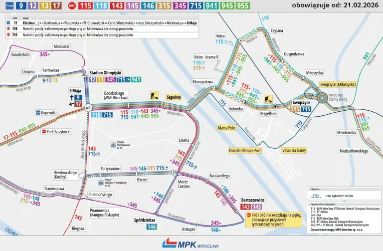 Szczegółowa mapa połączeń autobusowych i tramwajowych MPK Wrocław w rejonie osiedli Sępolno, Bartoszowice oraz Swojczyce, obowiązująca od 21 lutego 2026 roku.