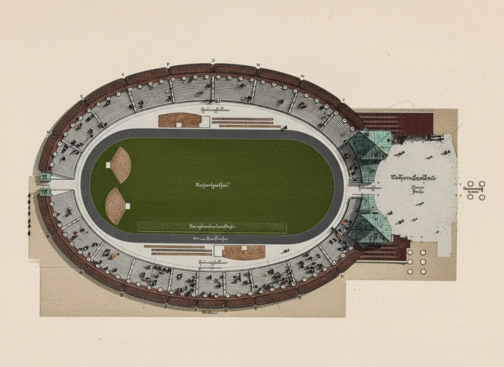 Kolorowany, historyczny plan architektoniczny Stadionu Olimpijskiego we Wrocławiu (dawniej Breslau) widoczny z góry, przedstawiający układ trybun i murawy.