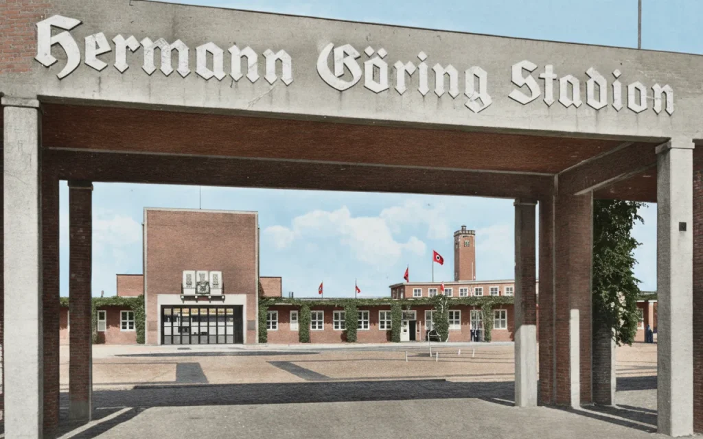 Kolorowe zdjęcie z 1936 roku przedstawiające wejście na Stadion Olimpijski we Wrocławiu z napisem Hermann Göring Stadion, widok na Dziedziniec Honorowy i Wieżę Maratońską.