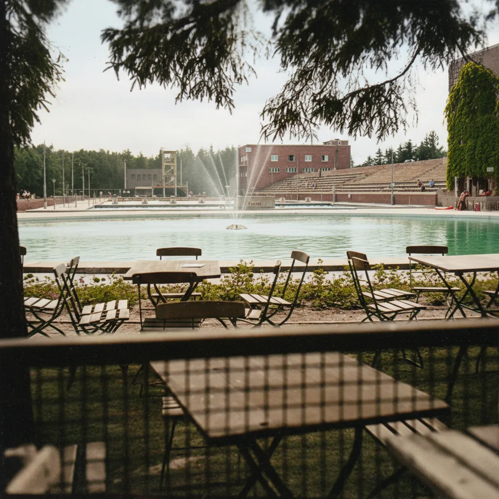 Kolorowe zdjęcie z 1942 roku przedstawiające widok z Hotelu Olimpijskiego na Basen Olimpijski we Wrocławiu z fontanną i kawiarnianymi stolikami na pierwszym planie.