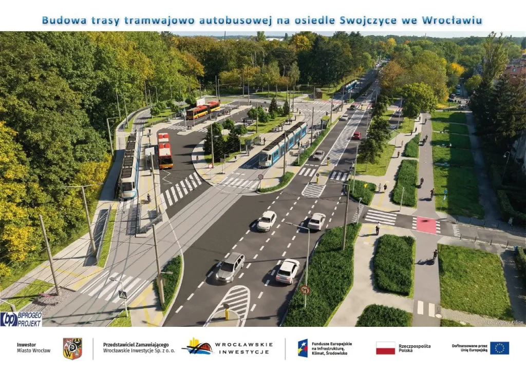 Wizualizacja planowanej trasy tramwajowo-autobusowej na osiedle Swojczyce we Wrocławiu, przedstawiająca nową infrastrukturę drogową, tramwaje, autobusy oraz tereny zielone.