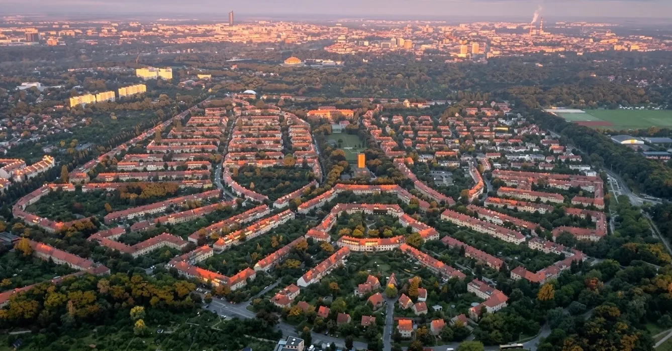 Widok z lotu ptaka na zabytkowe osiedle Sępolno we Wrocławiu, przedstawiający unikalny układ urbanistyczny i architekturę z czerwonymi dachami pośród zieleni.
